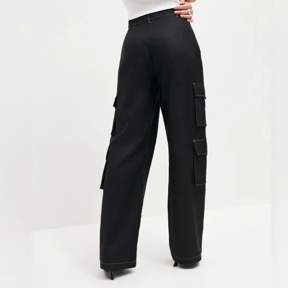 Reformation Mateo Pant 100% Linen Black Multi Cargo Pocket Wide Leg Trousers Sm